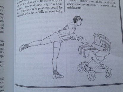 A book page featuring a drawing of a mother with short hair pushing baby strollers