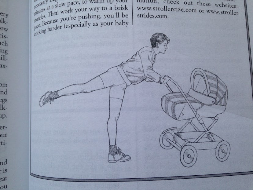 A book page featuring a drawing of a mother with short hair pushing baby strollers