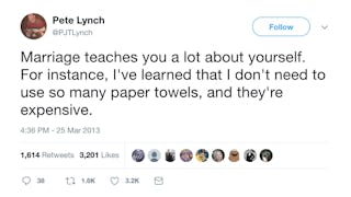 A tweet about how marriage teaches you a lot about yourself like that paper towels don't need to be ...