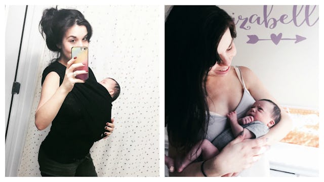 A young mom taking photos with her baby