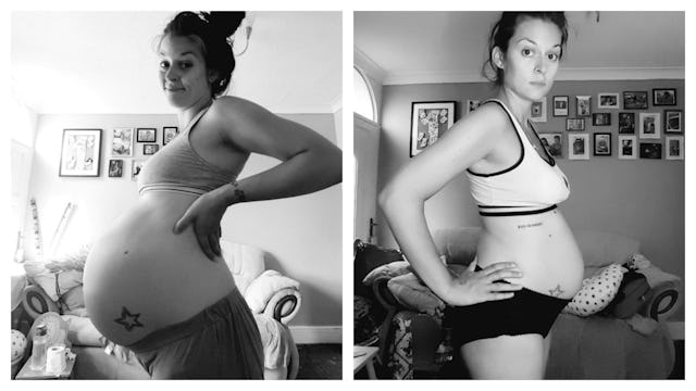 A collage of two photos depicting Vicki Cockerill during her pregnancy and postpartum