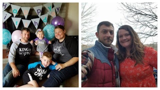 A couple with their two sons in front of a happy birthday banner and a selfie of them outside