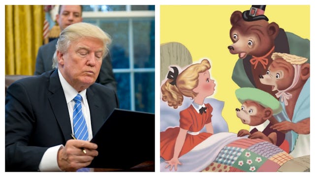 Donald Trump next to drawn fairy tale characters, Goldilocks And The Three Bears.
