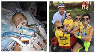 A child lying in a hospital bed with neuroblastoma and the picture of the same child hanging out wit...