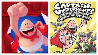 Poster for the animated movie Captain underpants next to the book cover of the original comic