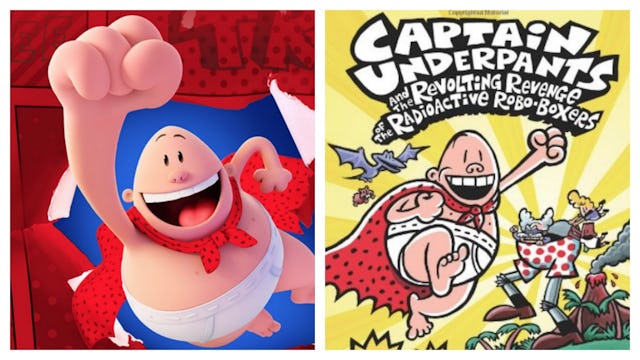 Poster for the animated movie Captain underpants next to the book cover of the original comic