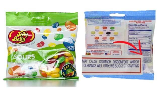 Sugar free Jelly Beans package and a warning on the back of the package