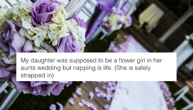 Screenshot of a text about a little girl falling asleep instead of doing her flower girl duties at a...