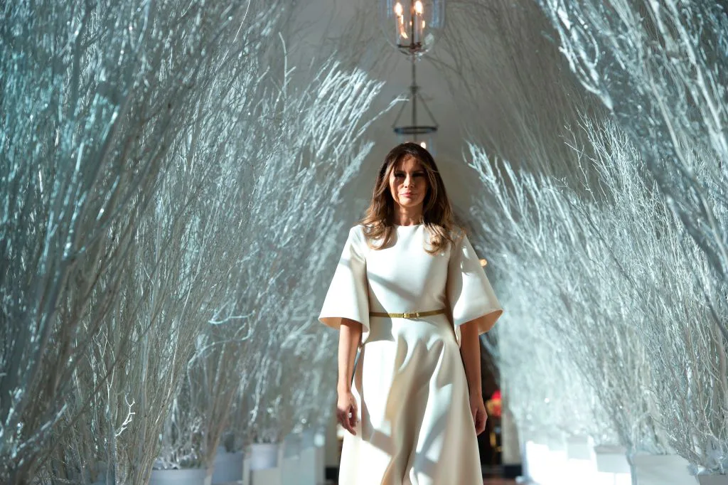 melania white dress christmas Melania Trump Presents the White House Christmas Decorations in Dior