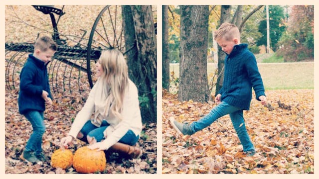 A two-part collage of Misty Nelson on a park with her son and her son playing with fallen leaves