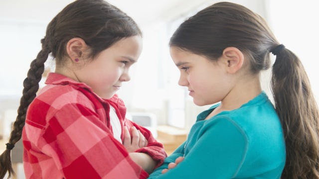 A girl in red shirt holding her arms crossed and looking at the other girl in green shirt with her a...