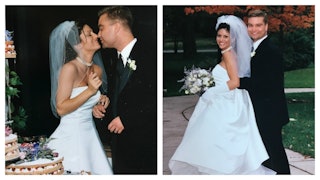 A two-part collage featuring a bride and a groom at their wedding, cutting their cake and posing for...