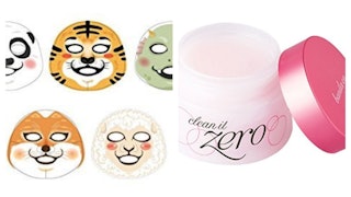 A two-part collage with the Banila co Clean It Zero cleansing balm and Face masks with animal charac...
