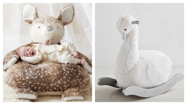 A brown critter chair and a white swan rocker