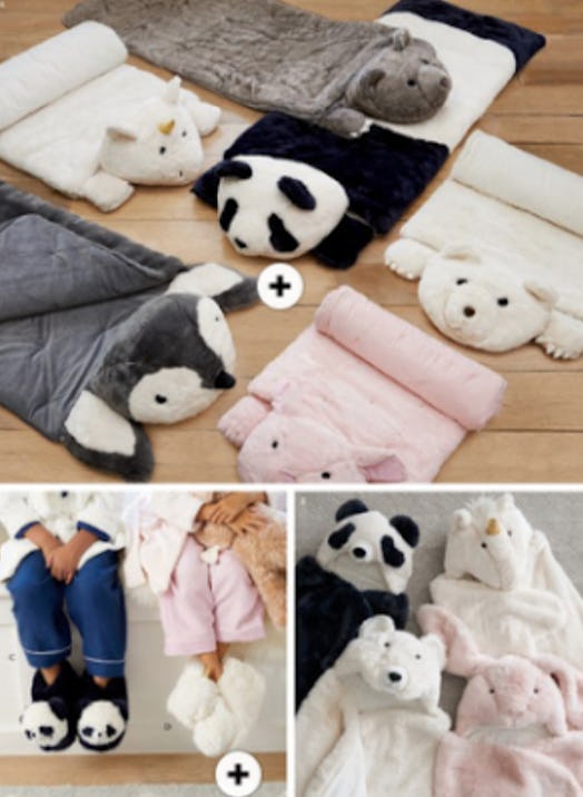 Faux fur panda, pinguin, bear, unicorn, and pig carpets, slippers, and blankets