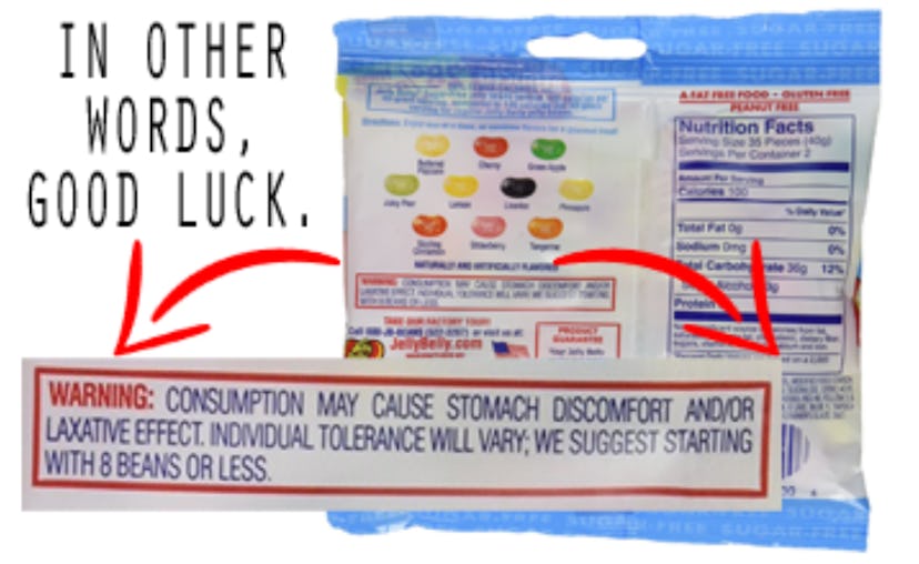 Back of a Jelly Belly candy package with a discomfort warning