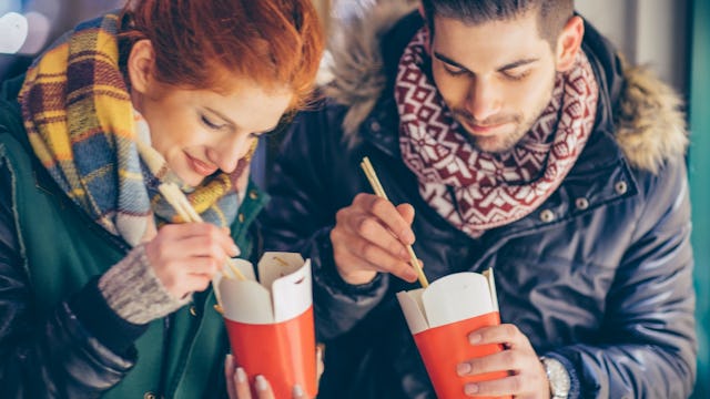 couple eating Chinese food — Chinese food on Christmas