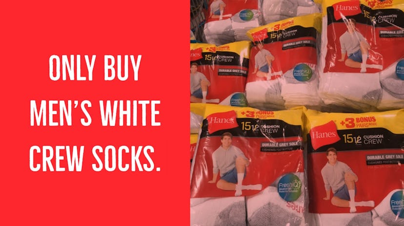 "Only buy men's white crew socks." text next to packages of white socks