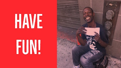 "Have fun!" text next to a happy homeless man with new white socks in his hands 