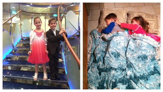 Collage of two images. The first one shows two children in formal wear, and in the second one, the s...