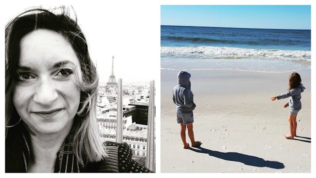 A two-part collage of Sarah Hosseini and her two children playing on the beach