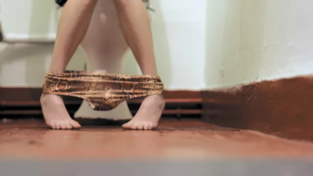 A woman with her feet apart and leopard print underwear on them while she is sitting at a toilet in ...