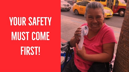 "Your safety must come first!" text next to a homeless woman holding white socks