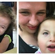 A collage photo of a child with special needs and her mother