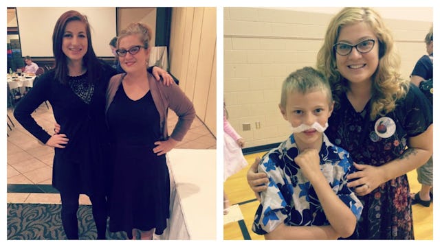A blonde woman posing with a brown haired teen girl and the same woman posing with a little boy wear...