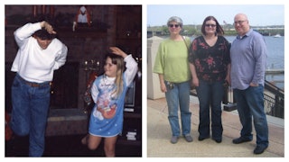 Two family photos, a little girl and her mom dancing, and that girl all grown up, posing with both o...