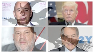 A translucent collage of Charlie Rose, Donald Trump, Jim Spellman, and Charlie Rose with a black ill...