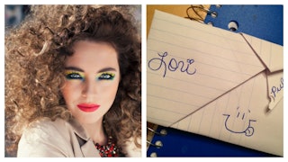 A curly-haired 80s kid, now a woman, carrying heavy makeup on the left side and the paper note on th...