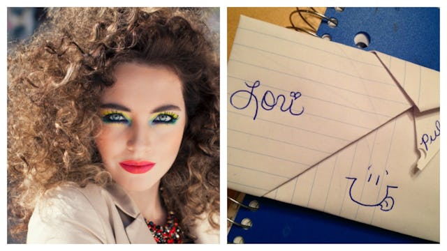 A curly-haired 80s kid, now a woman, carrying heavy makeup on the left side and the paper note on th...