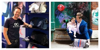 A collage of a man standing next to his diaper bags and him holding a baby on his lap and taking a d...