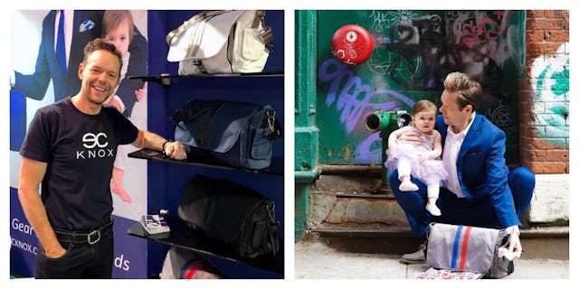 A collage of a man standing next to his diaper bags and him holding a baby on his lap and taking a d...