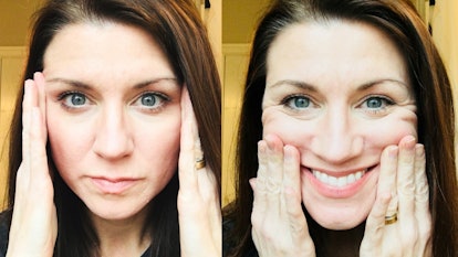 Woman doing exercises of face yoga