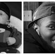Side-by-side black and white images of a black baby and a black man smiling