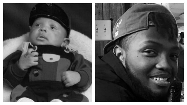 A two-part collage with Trease Shine Hinton's son as a baby and as an adult