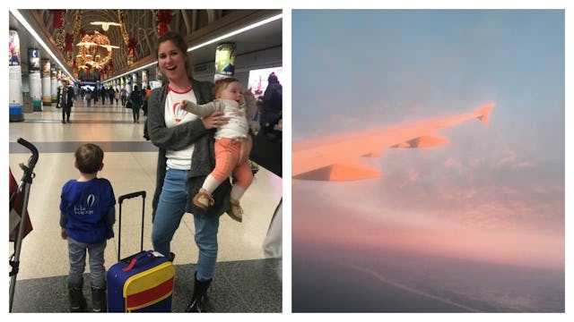 Mom with her kids at the airport, a view from the airplane across the Atlantic