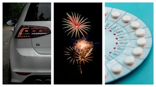 A collage with a white Volkswagen cart, fireworks, and plan B pills - things that are harder to obta...