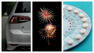 A collage with a white Volkswagen cart, fireworks, and plan B pills - things that are harder to obta...