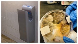 A restroom hand dryer and a person wearing a blue glove holding a petri dish