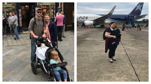 A collage photo of parents pushing their two kids in a baby stroller; a mother holding a sleeping ch...