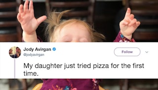 A woman's tweet about her daughter's first-time eating pizza on top of an image of a toddler raising...