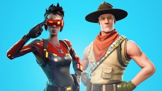 Two customized Fortnite characters; a woman in a futuristic outfit and a man in a scout-like costume...