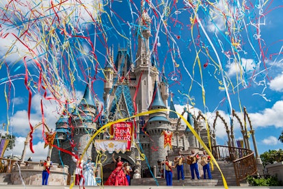 Confetti in the sky over the Disney castle at Disney World