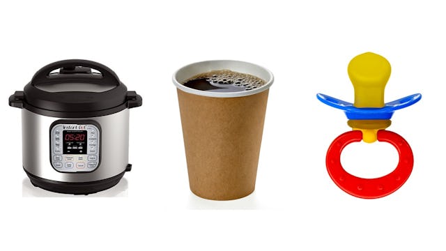 Air fryer, cup of coffee and pacifier as essentials for the mom survival kit