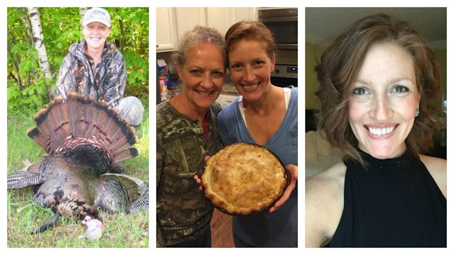 A three-part collage of Jennifer Craven's mom and a turkey, them posing together and Jennifer's self...