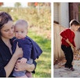 A two-part collage of a mom holding her son and a little boy playing hockey in the backyard