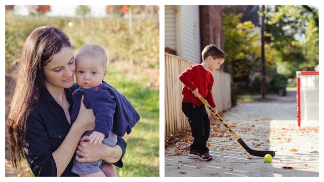 A two-part collage of a mom holding her son and a little boy playing hockey in the backyard